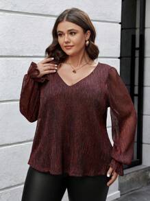SHEIN Frenchy Plus Size Women'S Shiny Ruffle Sleeve Shirt - Red - View 6