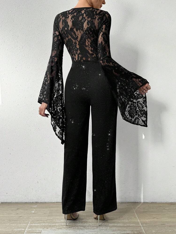 Women's Lace Patchwork Flare Sleeve Jumpsuit Fall Cloth For Women