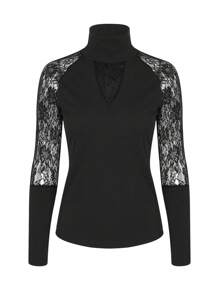 Lace Spliced High Neck Long Sleeve T-Shirt - Black - View 4