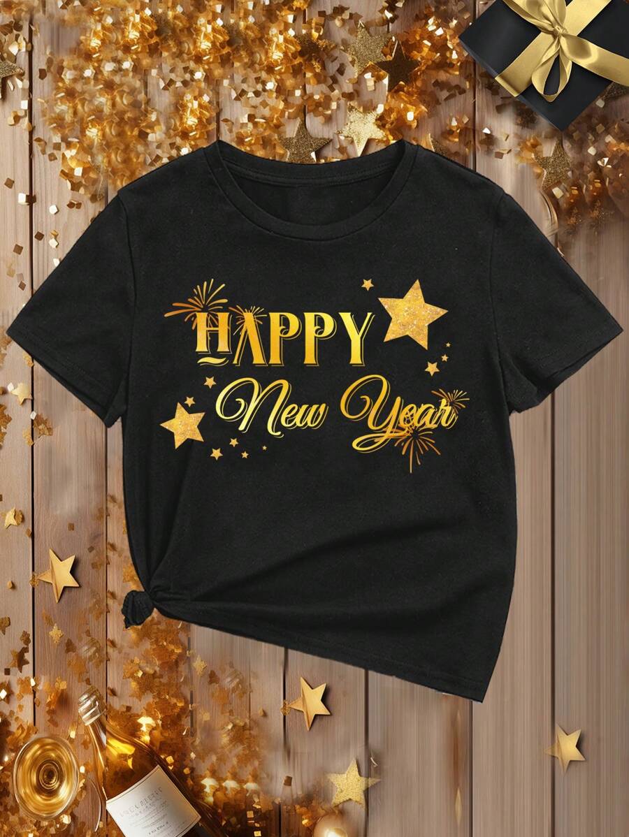 適合夏天的青少女休閒2024新年印花短袖t恤 - 黑色 - 查看 1