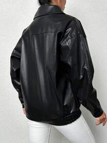 EURMUSE Women'S Drop Shoulder Pu Jacket - Black - View 2