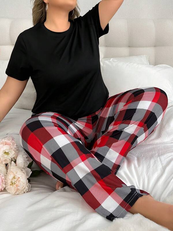 Conjunto de pijama de talla grande para mujer con camiseta de manga corta de unicolor y pantalón a cuadros. Incluye pantalón de pijama a cuadros, pantalones de pijama a cuadros, conjunto de pijama para mujer y pantalones inferiores a cuadros para mujer.