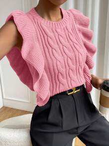 SHEIN Frenchy Ruffle Trim Cable Knitted Sweater Vest - Pink - View 5