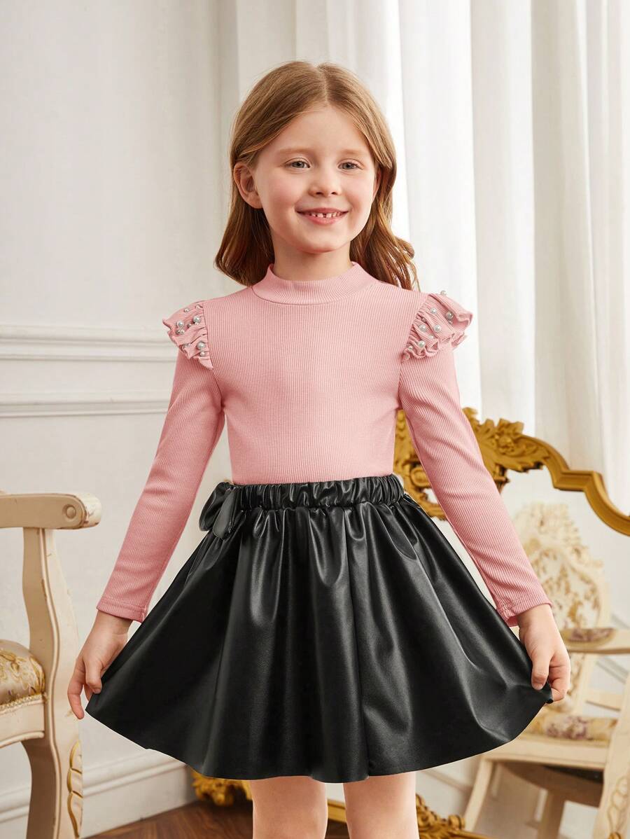 SHEIN 年轻女孩纯色立领盖袖串珠拼接休闲 T 恤 - 粉色 - 查看 1