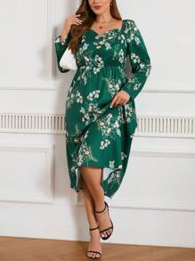 SHEIN Frenchy Plus Size Floral Printed Long Dress With Sweetheart Collar - Dark Green - View 1
