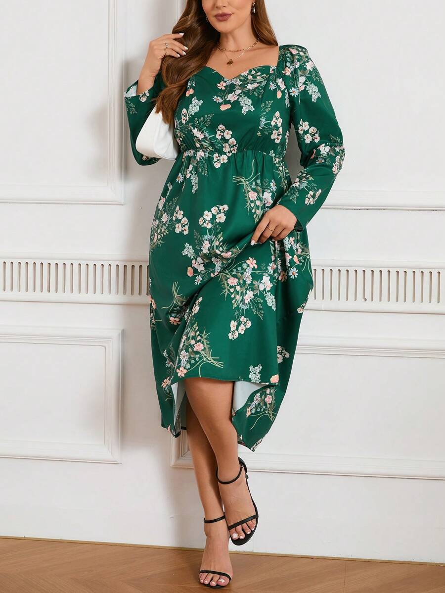 SHEIN Frenchy Plus Size Floral Printed Long Dress With Sweetheart Collar - Dark Green - View 1