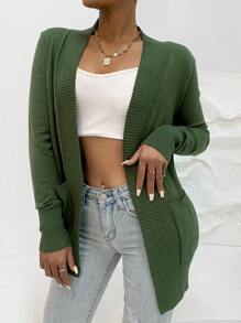 AAmilife Women's Solid Color Dual Pocket Cardigan - Army Green - View 4