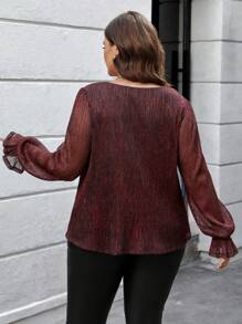 SHEIN Frenchy Plus Size Women'S Shiny Ruffle Sleeve Shirt - Red - View 2