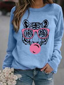 Women's Lovely Tiger Print Casual Simple Outdoor Round Neck Fleece Pullover,Long Sleeve Tops - Baby Blue - View 1