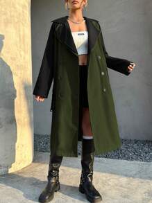 SHEIN EZwear Women'S Color Block Double Breasted Trench Coat - Army Green - View 1