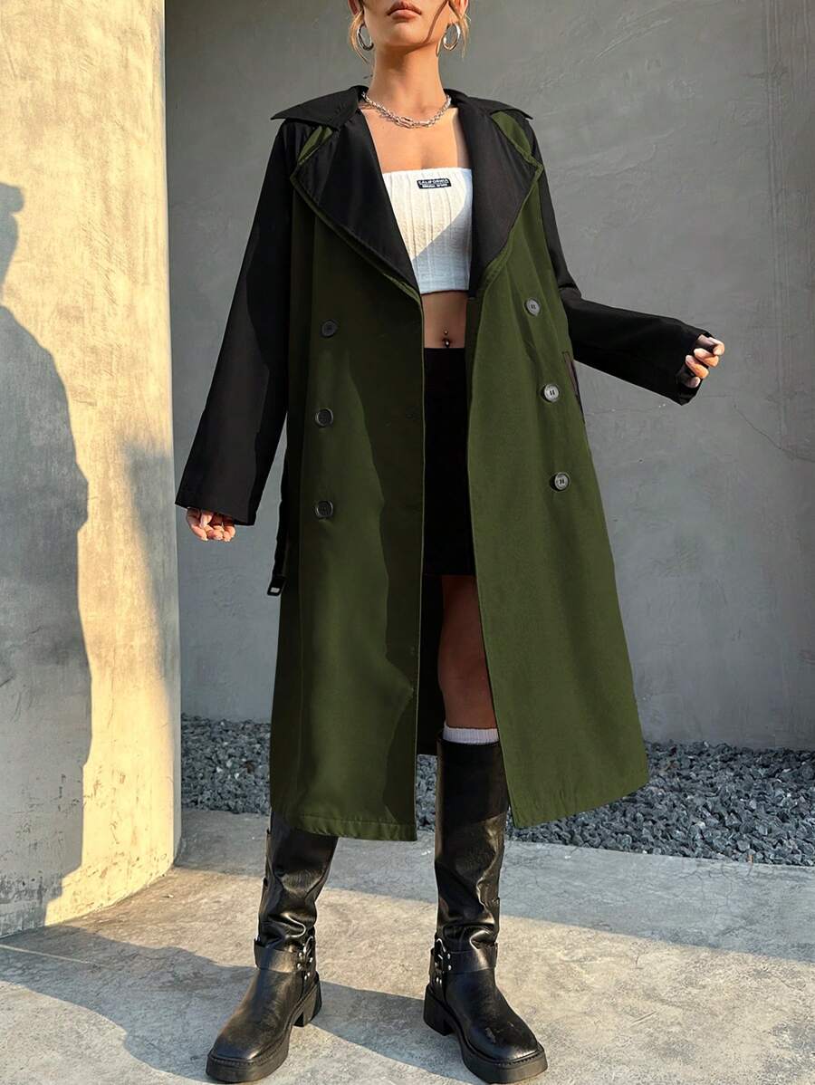 SHEIN EZwear Women'S Color Block Double Breasted Trench Coat - Army Green - View 1