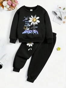 少女休閒卡通字母印花圓領套頭衫及汗褲套裝,適用於秋冬季節 - 黑色 - 查看 3
