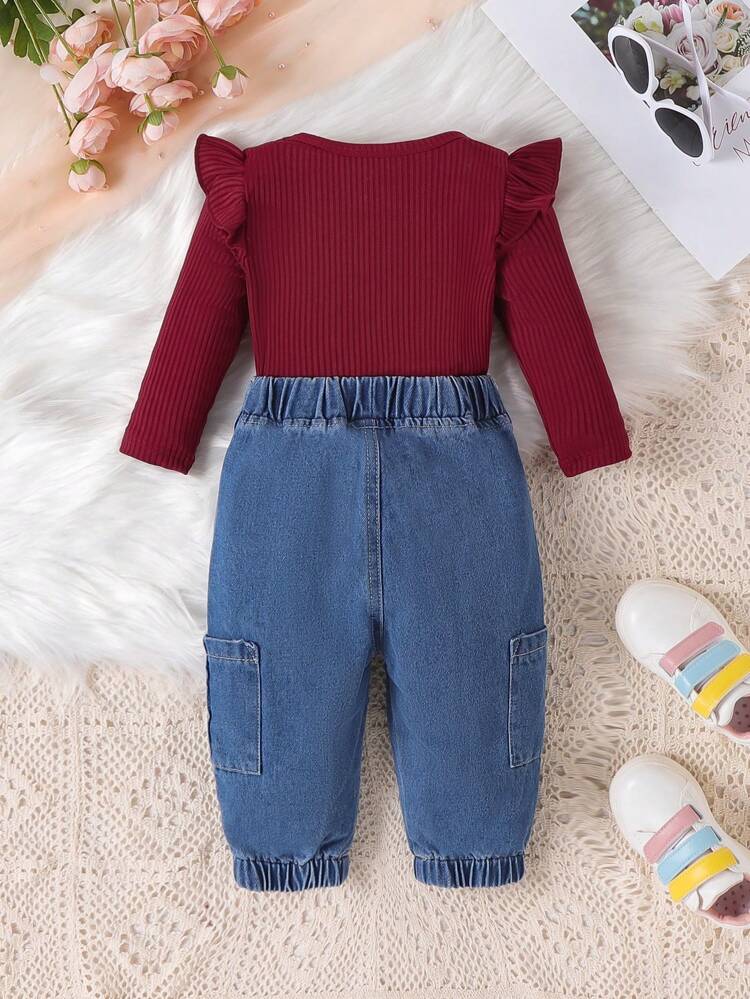 Baby Girl And Child'S Fashionable Ruffled Ribbed Long-Sleeved T-Shirt And Versatile Washed-Out Jeans Set
