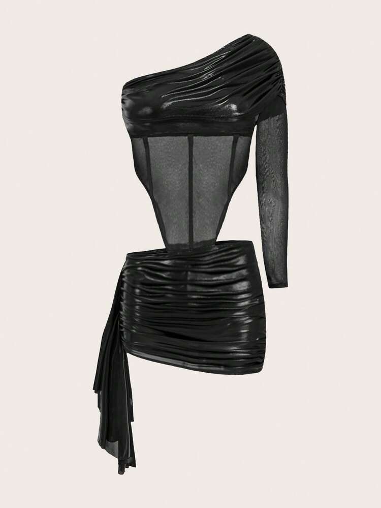 Women'S Slim Fit Mesh Contrast Asymmetrical Shoulder & Hem With Streamers Dress