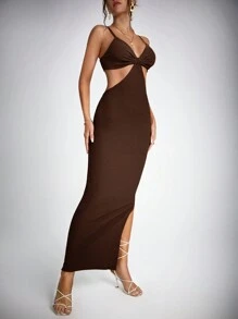 SHEIN Tall 女款純色鏤空側開衩細肩帶洋裝 - 咖啡棕 - 查看 3