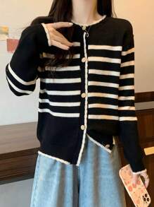 Women's Simple Striped Cardigan - Black - View 3