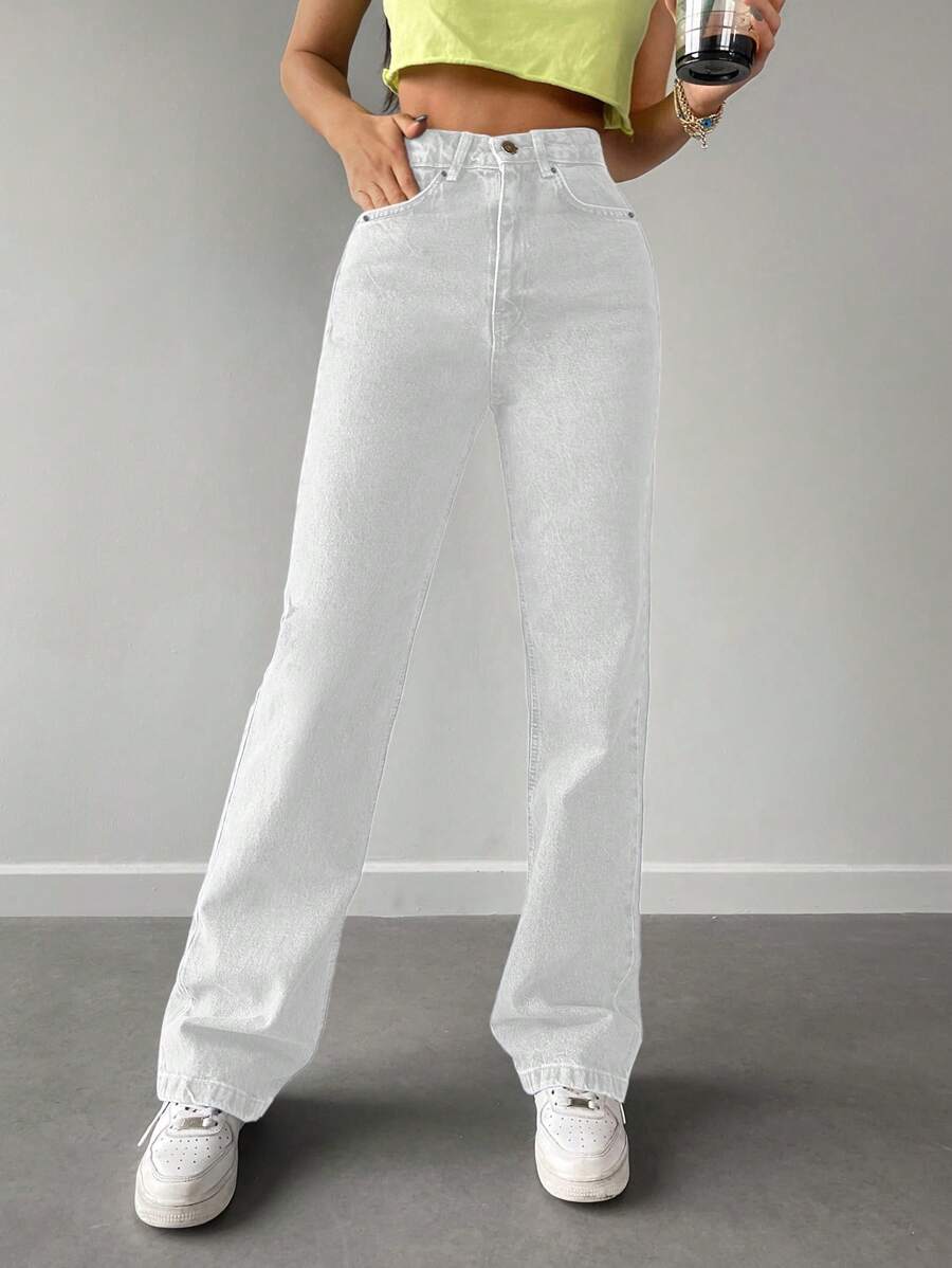 Cottnline Casual Solid Straight Leg Jeans - White - View 1
