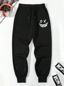 Manfinity Dauomo Men's Smiling Face Printed Drawstring Waist Jogger Pants, For Rave, Back To School