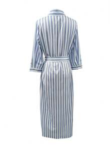 女式条纹印花 3/4 袖连衣裙，休闲前纽扣长裙，适合女士度假装，女士夏季装