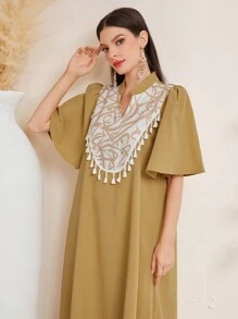 Al Najma 印花拼接凹口領流蘇裝飾連衣裙 - 黃色 - 查看 1