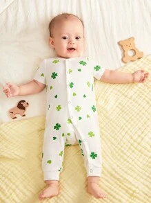 SHEIN 新生兒男寶寶四葉草圖案圓領長袖連身衣,帶前面拉鍊 - 彩色 - 查看 6
