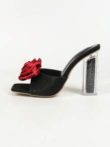 時尚紅色單帶露趾涼拖,鑲有紅色鑽石玫瑰花和水晶厚跟,經典女款拖鞋 - 黑色 - 查看 6