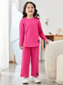 少女編織裝飾圓領長袖t恤和褲子套裝 - 玫紅色 - 查看 4