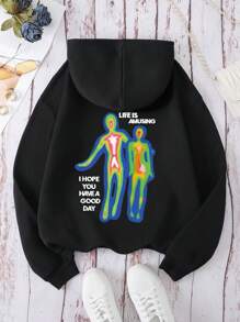 SHEIN EZwear 大码女式抓绒卫衣，印有标语 - 黑色 - 查看 1