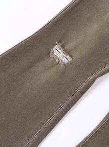 青少年女孩街頭時尚洗水剪裁彈性喇叭牛仔褲 - 咖啡棕 - 查看 6