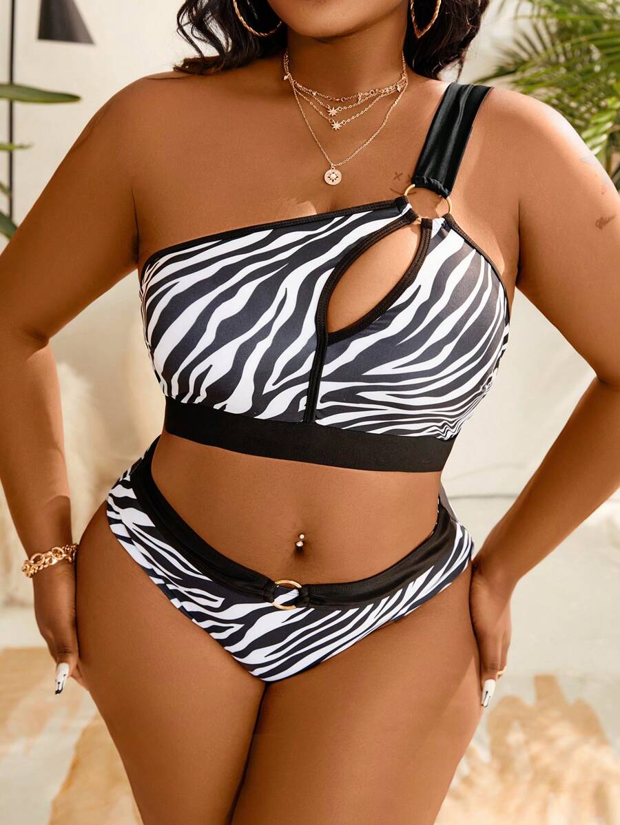 SHEIN Swim Curve Plus Size Women's One Shoulder Zebra Print Bikini Set Summer Beach - Black and White - View 1
