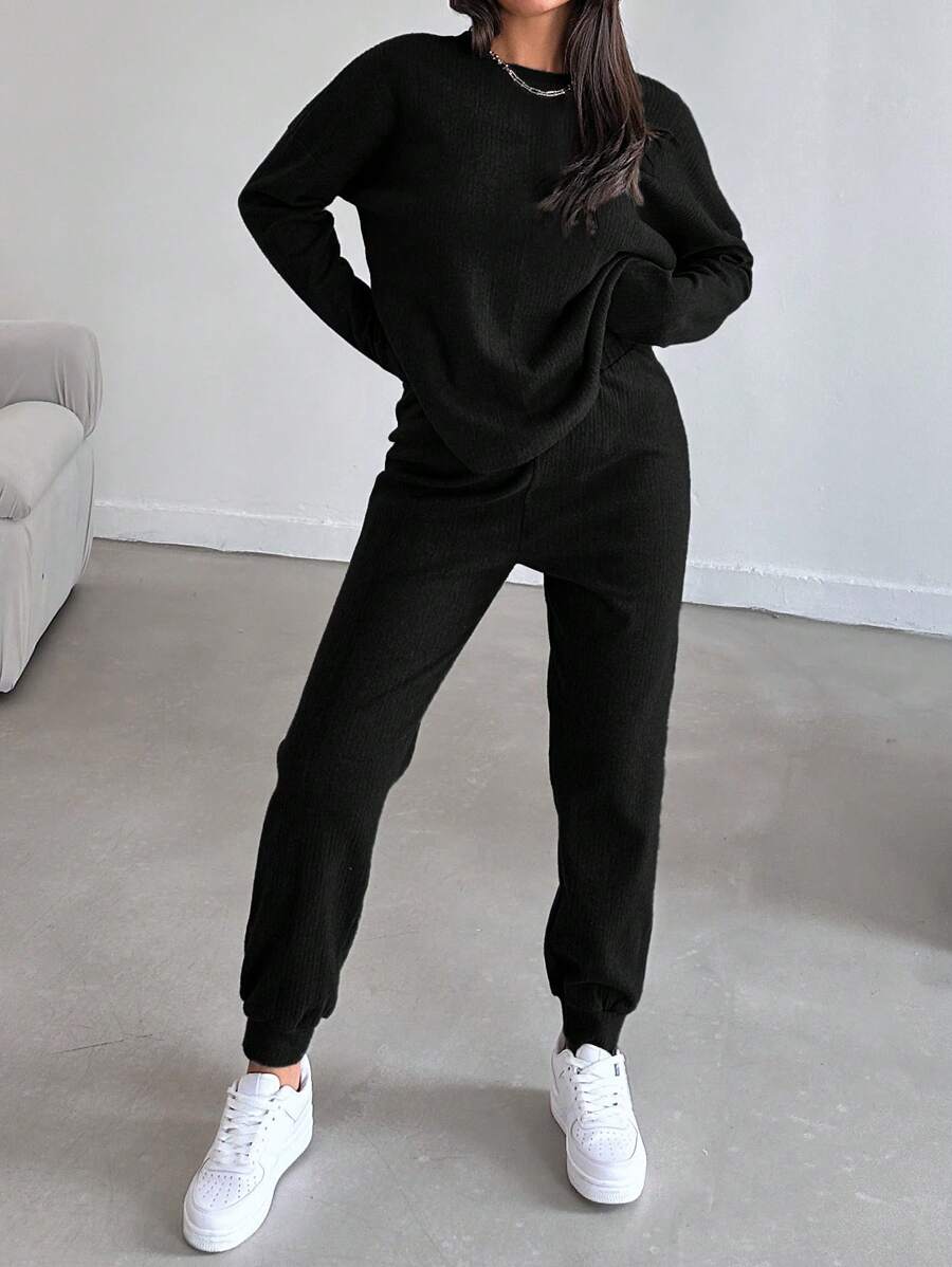 EURMUSE Women's Drop Shoulder Long Sleeve Ribbed Top And Pants Two-Piece Set - Black - View 1