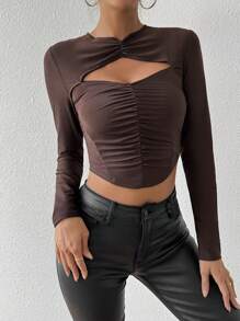 Zolique Women's Short Cropped T-Shirt With Hollow Out Front And Ruffle Details