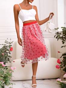 SHEIN Unity Women's Mesh Heart Shape Skirt - Red - View 4