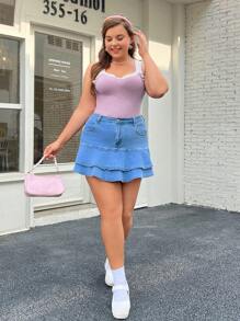 SHEIN EZwear Plus Size Contrast Color Lace Patchwork Knitted Top - Dusty Pink - View 3