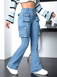 SHEIN EZwear Túi có nắp Chi tiết Quần jean loe - Rửa trung bình - Xem 3