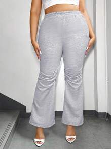 SHEIN SXY Women's Plus Size Elastic Waist Ruched Flared Sweatpants Casual Stacked Pants