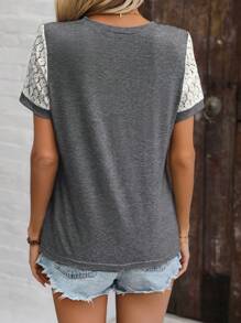 SHEIN LUNE Của phụ nữ Ren tương phản Ngắn tay Cổ chữ V Áo thun - Xám - Xem 2