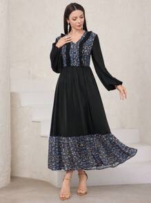 Mulvari Vestido De Manga De Linterna Para Mujer Con Diseño De Estampado Y Parches Y Dobladillo De Volantes