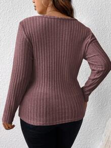 SHEIN Frenchy Camiseta De Talla Grande Para Mujer Con Cuello En V Y Manga Larga Acanalada - Púrpura malva - Ver 2