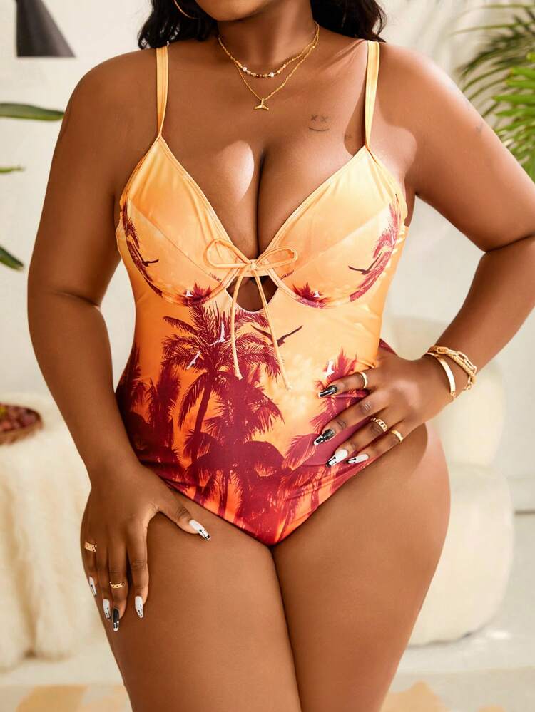 Plus Size One Piece Swimsuit With Coconut Tree Printed And Knot Front Carnival Summer