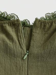 ROMWE 女式春夏花卉印花 V 领喇叭袖优雅连衣裙 - 軍綠色 - 查看 4