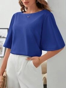 SHEIN Frenchy Của phụ nữ Cổ thuyền Nửa tay Áo thun - Xanh đậm - Xem 3