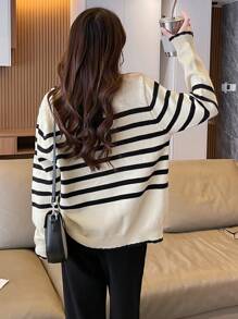 Ladies' Casual Minimalist Striped Cardigan Sweater - Beige - View 2