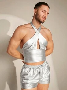FeverCity Men's Cross-Criss Hollow Out Halter Top And Shorts Set