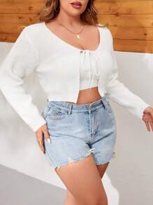 Plus Size Women Solid Color Long Sleeve Casual Knotted Front Cropped Cardigan - White - View 3