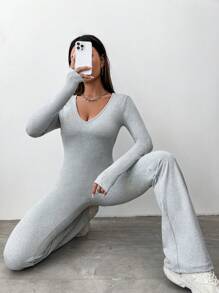 SHEIN Unity Deep V-Neck Long Sleeve Flared Jumpsuit - Light Grey - View 3