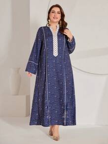 Al Najma Plus Size Women's Notch V-Neck Long Sleeve Dress Kaftan Jalabiya Dress - Multicolor - View 4