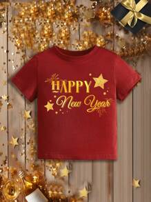 Baby Girl's New Year Pattern Casual Short Sleeve Top With Round Neckline Suitable For Summer - Burgundy - View 1