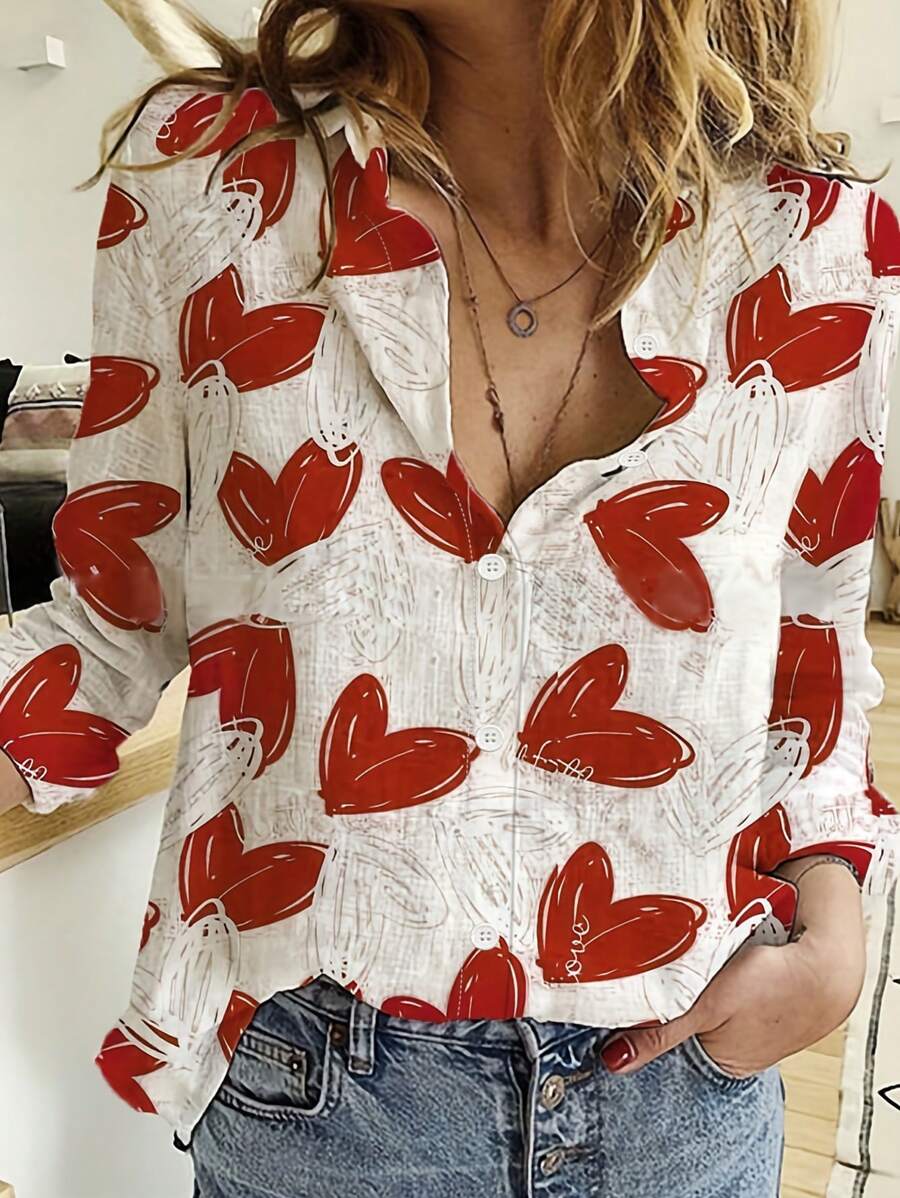 欧美风格新款情人节春夏服饰礼物浪漫心形印花宽松休闲柔软触感长袖女式衬衫 - 白色 - 查看 1