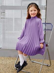 SHEIN Leap Crew Cô gái trẻ Váy chữ A dáng rộng cổ điển có trang trí nơ và tay áo dài xếp ly - Màu tím - Xem 2